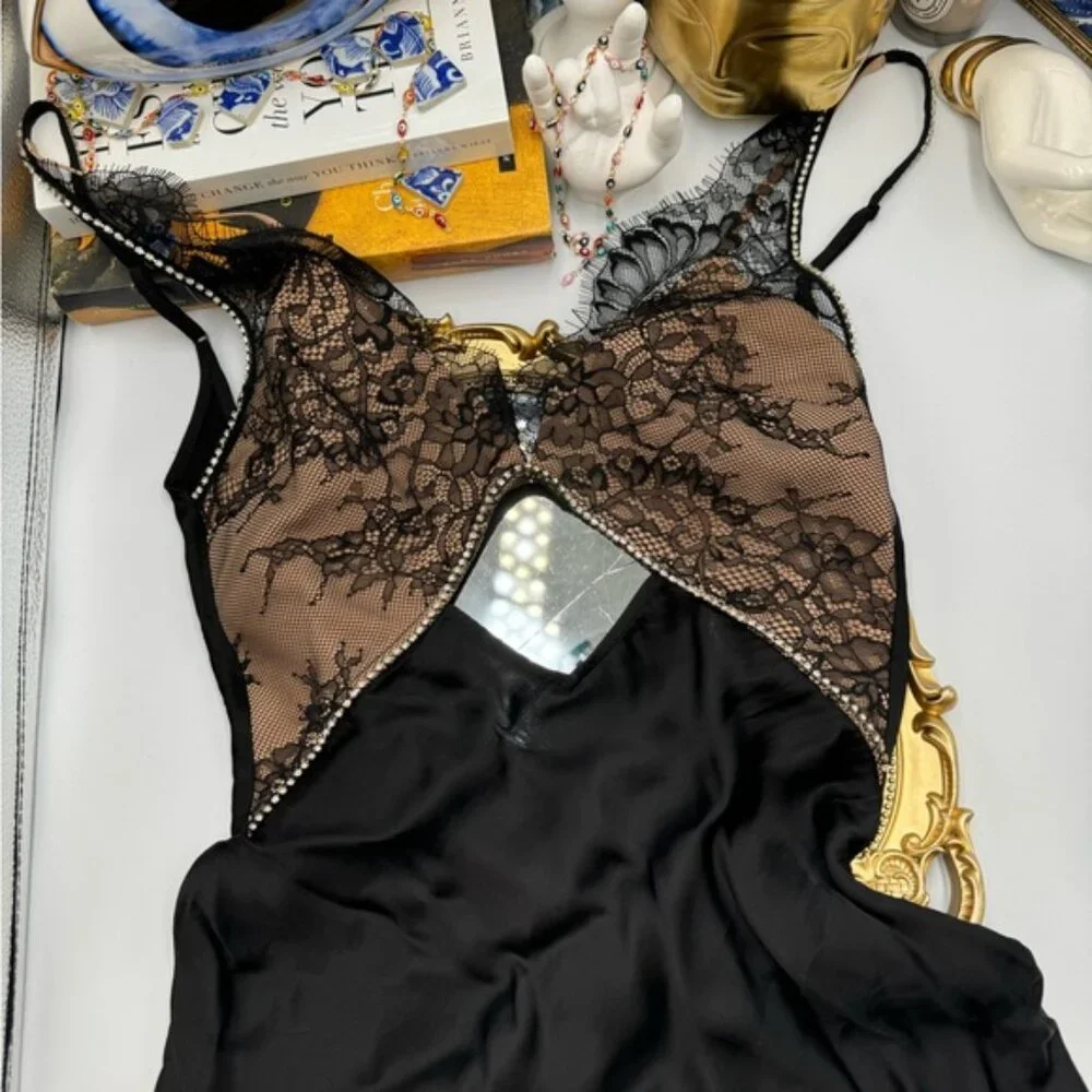 🆕 SELF PORTRAIT 🧿 NWOT Black Lace Satin Maxi Dress, Sz UK 4 / US 0 - Picture 12 of 16